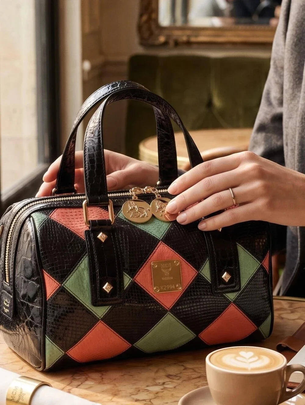MCM Diamond Pattern Multicolor Croc Embossed Patent and Snakeskin Boston Bag